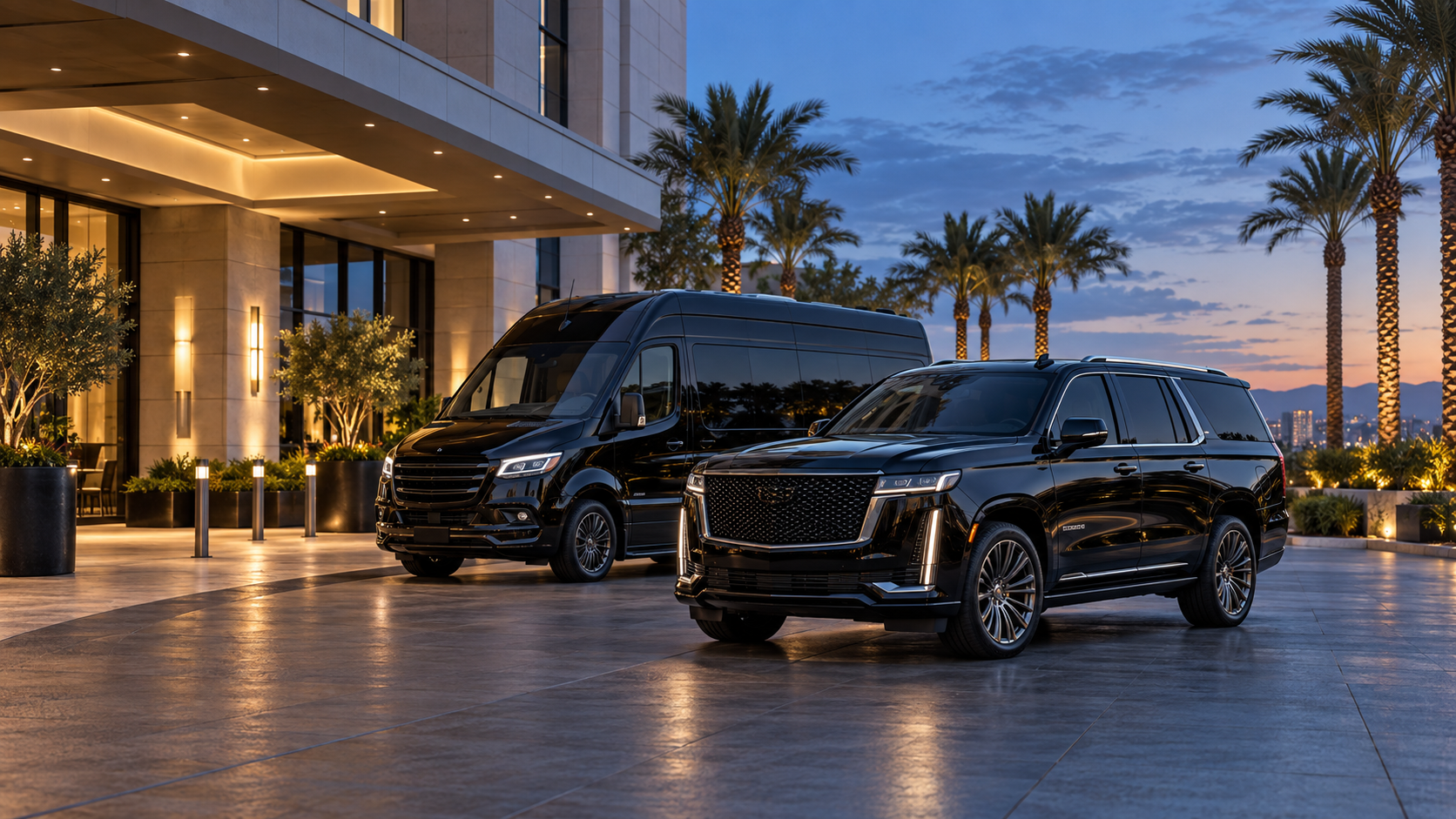 Black executive SUV and passenger van at a California hotel